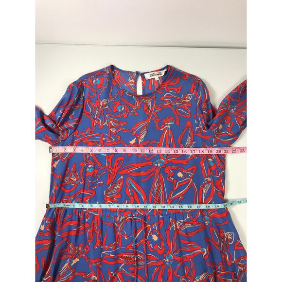 Diane von Frurstenberg 100% Silk Dress Eldsen Blue Red Floral Print Long Sleeve - Picture 11 of 11